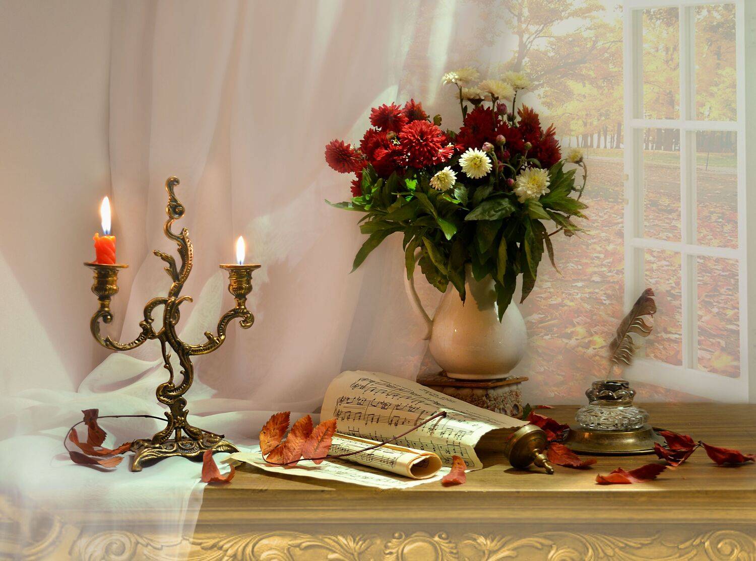 still life,натюрморт,фото натюрморт ,осень ,октябрь ,цветы, чернильница,  хризантемы,  свечи, подсвечник, ноты, листья, Колова Валентина