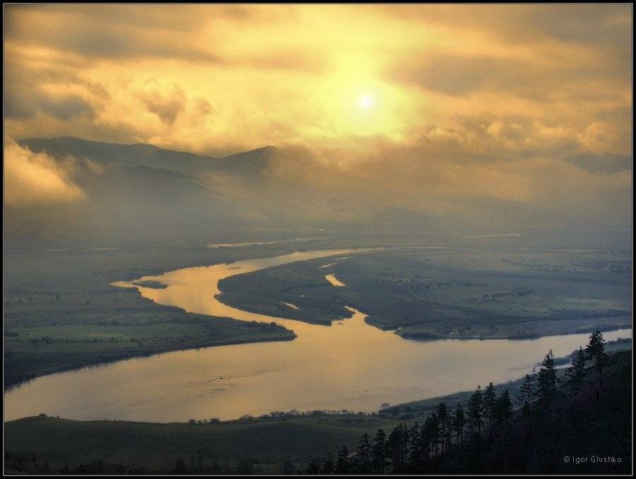 рассвет, туман, горы, осень, река, вода, Игорь Глушко