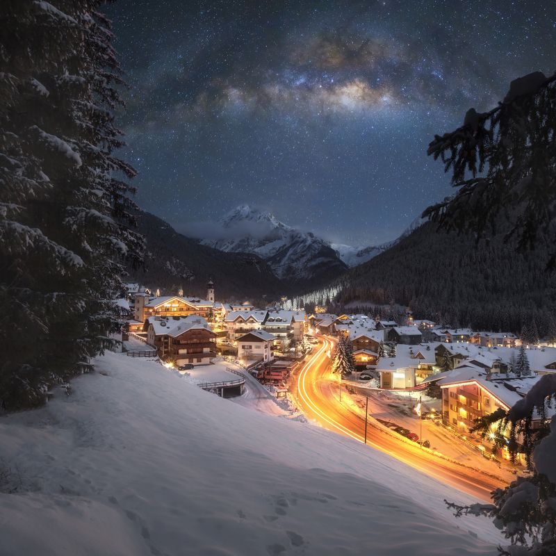 winter, canazei, italy, dolomites, зима, ночь, канацей, италия, доломиты , milky way Winter in Canazei фото превью