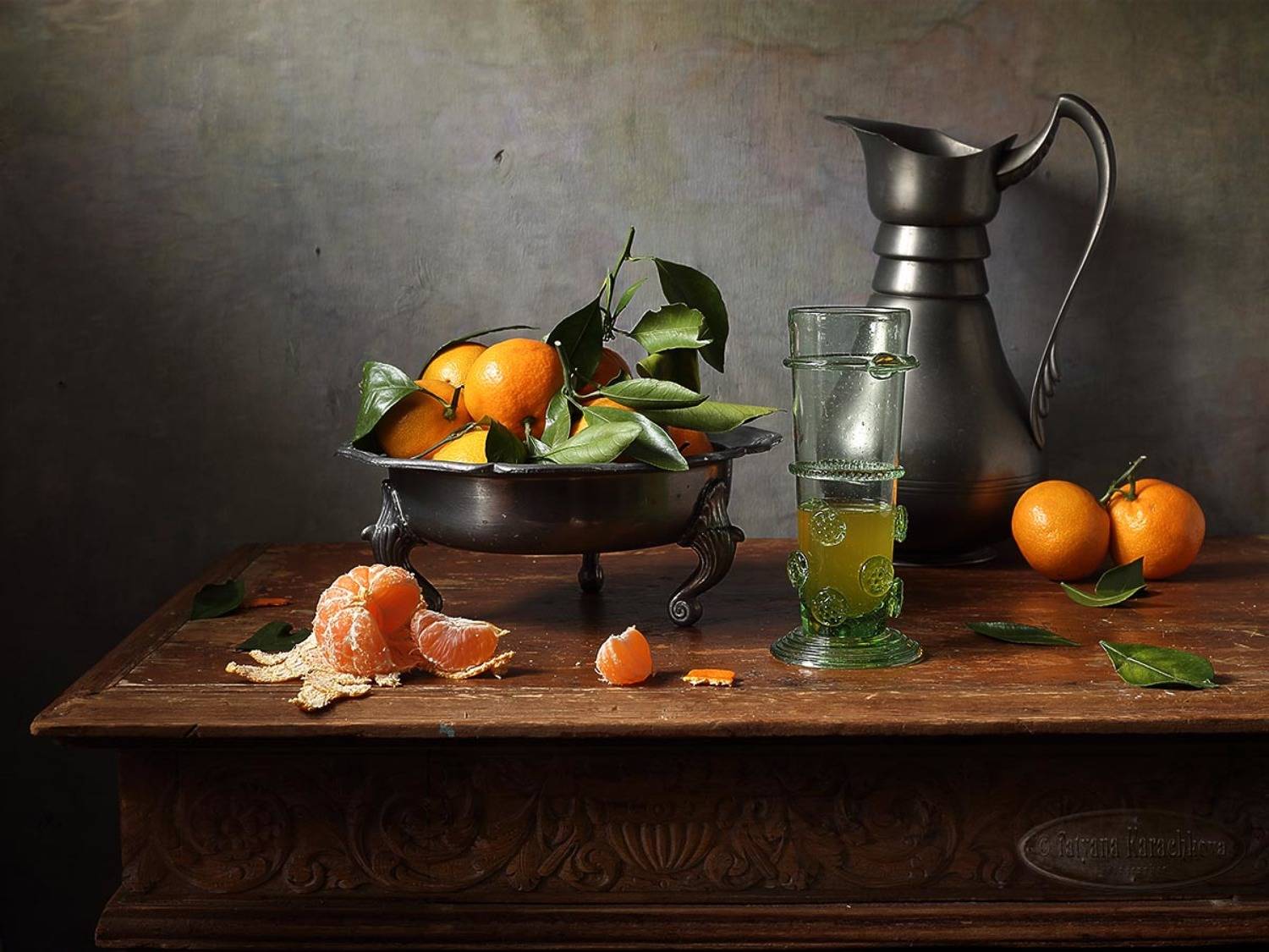 натюрморт, мандарины, сок, лесное стекло, Tatyana Karachkova
