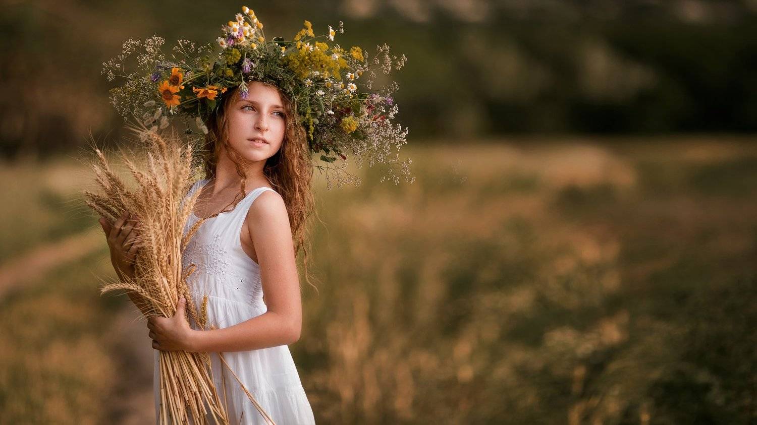 девушка, девушка с колосками в руках, девушка в поле, поле, хлеб, венок, свет, Щепин Сергей