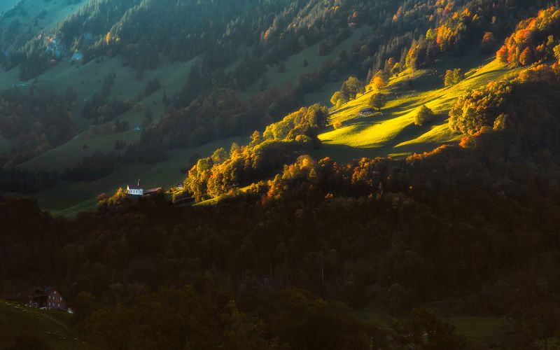 landscape,church,Церкав,sunlight,свет,пейзаж,swiss,autumn Церкав фото превью