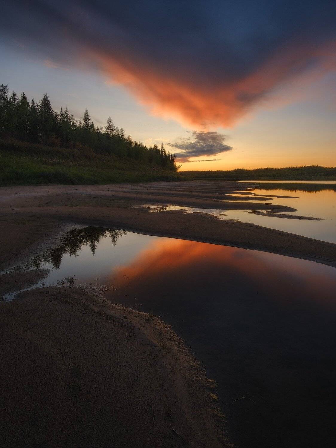 россия, иркутская область, ербогачен, нижняя тунгуска, сибирь, тайга, река, лес, иван-чай, отражение, закат, осень, Оборотов Алексей