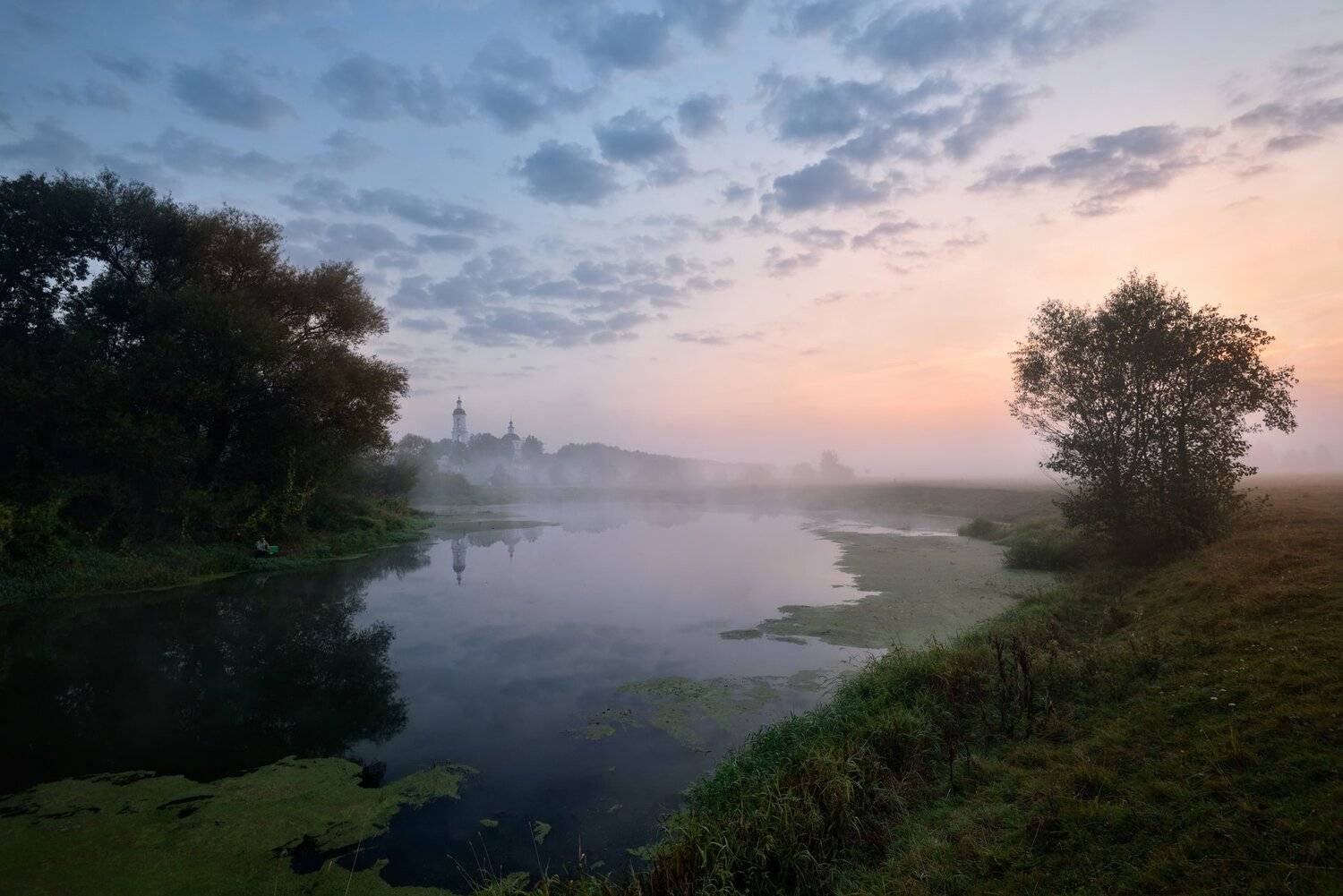 осень,сентябрь,утро,рассвет,туман,река,небо.облака,храм, Виталий Полуэктов