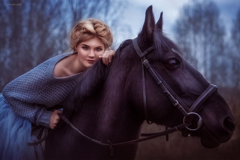девушка, портрет, лошадь, фиолетовый, girl, portreit, horse, purple  фото превью