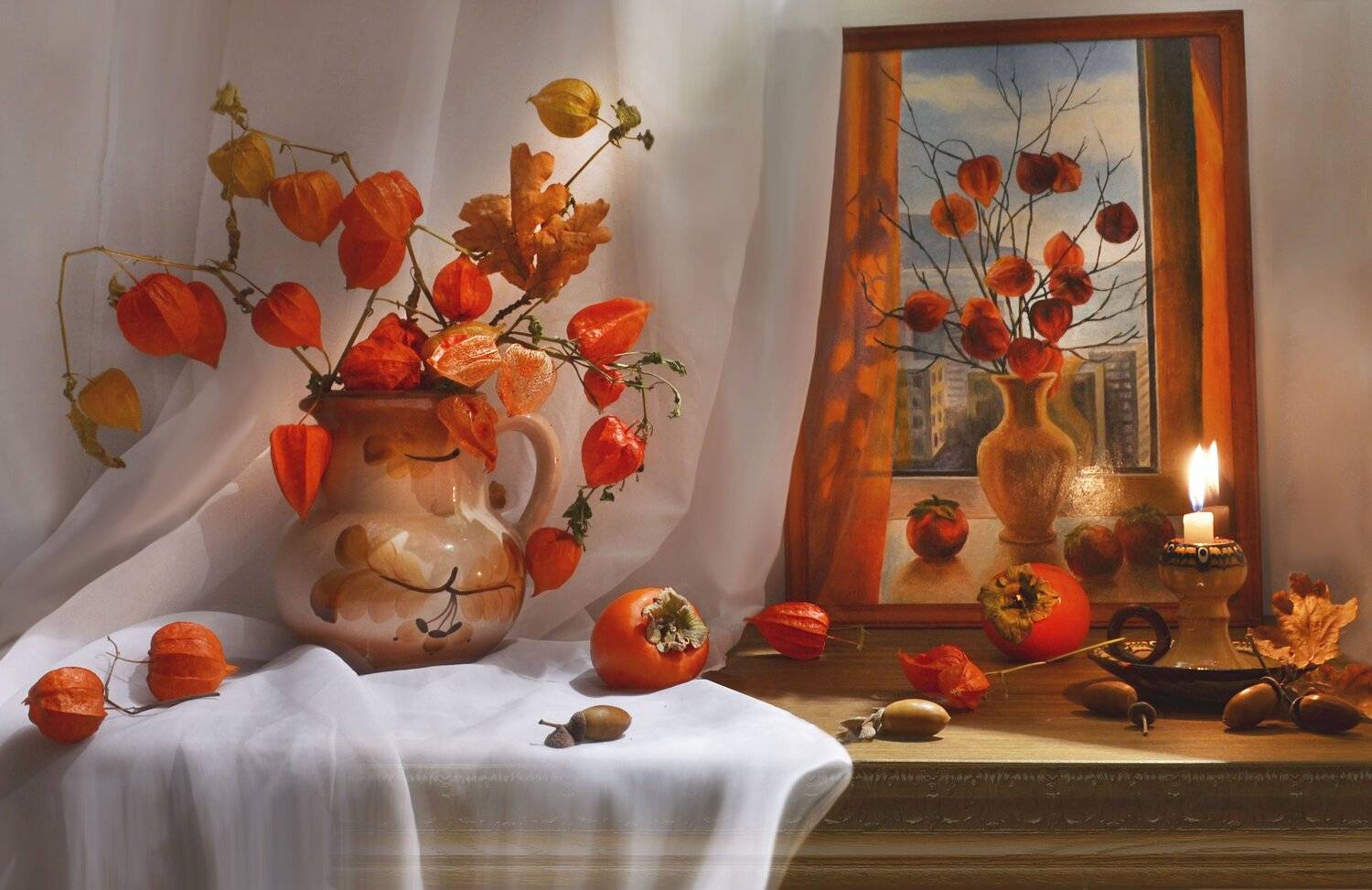 still life,натюрморт,фото натюрморт,осень, ноябрь,физалис, картина маслом, свеча, подсвечник, хурма, керамика, жёлуди, Колова Валентина