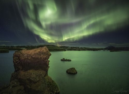 Green water of Myvatn lake. Iceland.