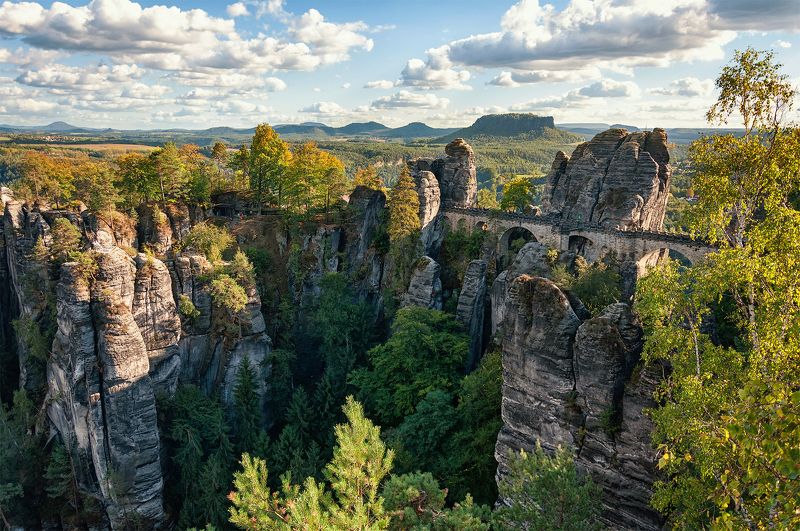 германия, саксонская швейцария, горы, бастай, лес, река, эльба, каньон, мост, тропа художников Саксонская швейцария фото превью