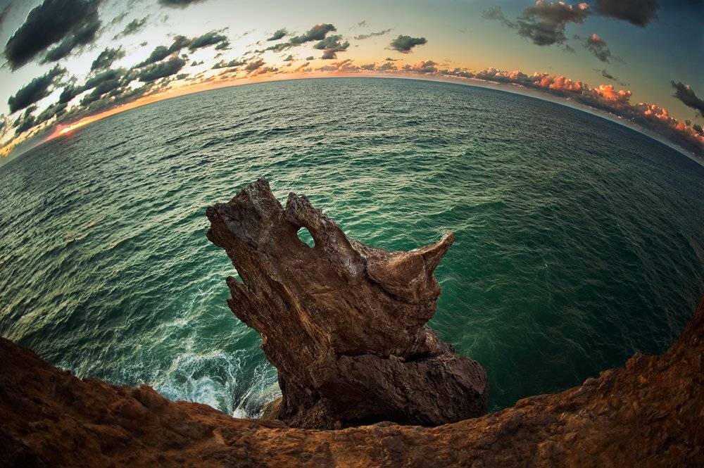 рыбий глаз, море, закат, скалы,, Надежда