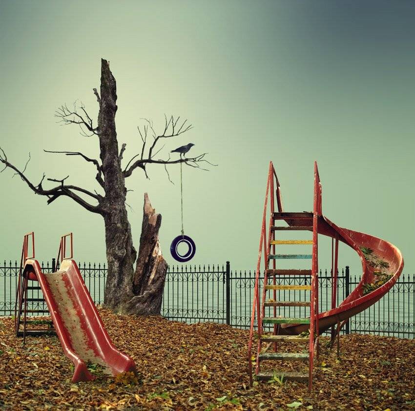 tree, slide, tire, girl, jumping, hanging, fence, ocean, crow, leaf, autumn, legs, breast, Caras Ionut