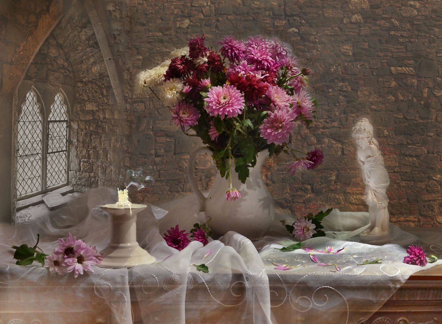 still life,натюрморт,фото натюрморт,осень, ноябрь, цветы, фарфор,хризантемы,статуэтка,  окно,  свеча, подсвечник, Колова Валентина