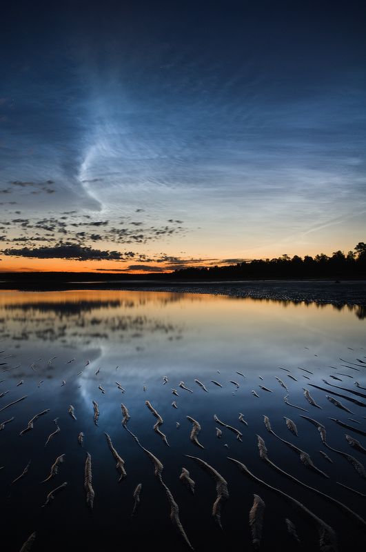 белое, море, серебристые, облака, ночь, sea, clouds, night  фото превью