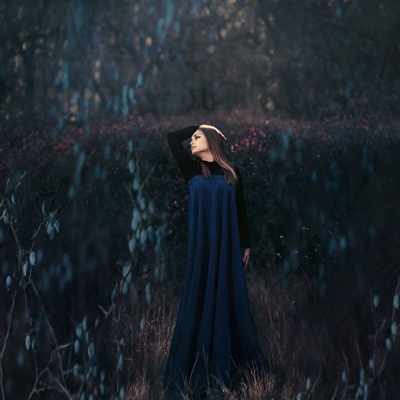 девушка, сны, осень, темный ключ, терновник, арт, синий, Сны. Танцующая в терновнике фото превью