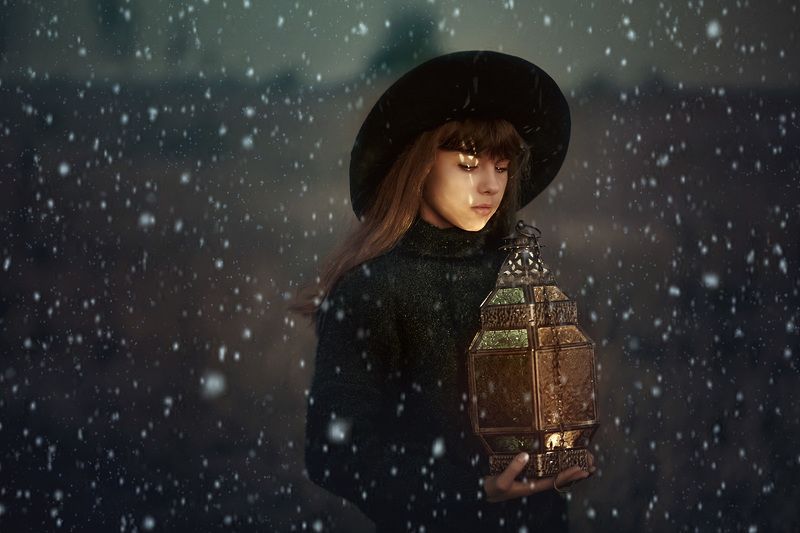 арт, осень, фонарь, свет, цвет, шляпа, девочка, художественный, сказочный, волшебный, ... фото превью