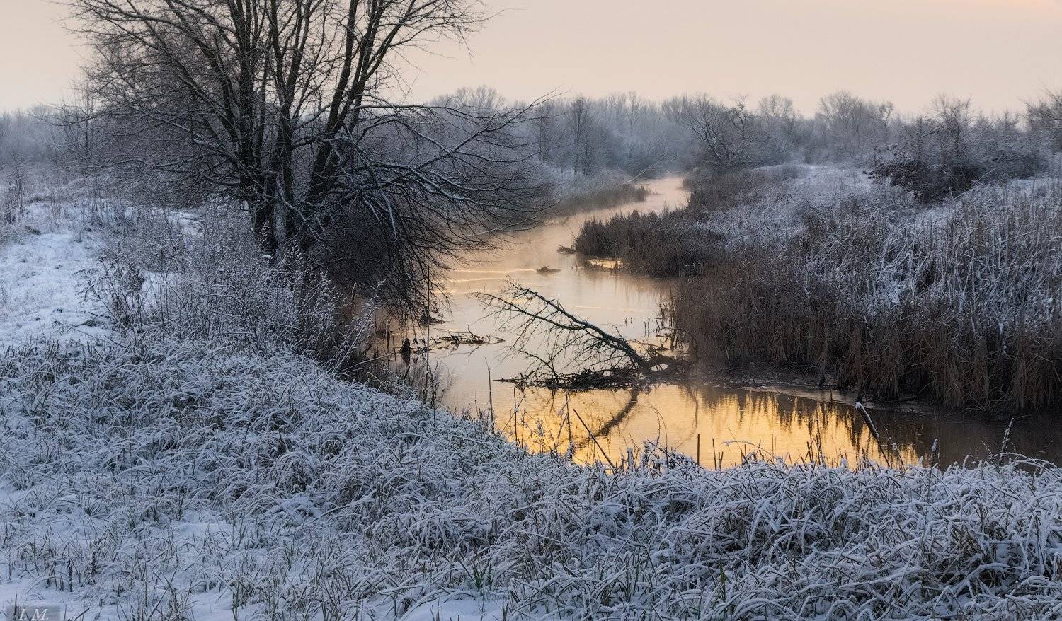 зима, пейзаж, речка, снег, утро, туман, золотистый, цвет, golden, colors, small, landscape, light, morning, nature, river, snow, winter, fog, Ivan Maljarenko