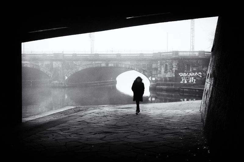 bridge, urban, street, people, water, fog, mist, haze, hamburg, germany Unter der Kennedybrücke фото превью