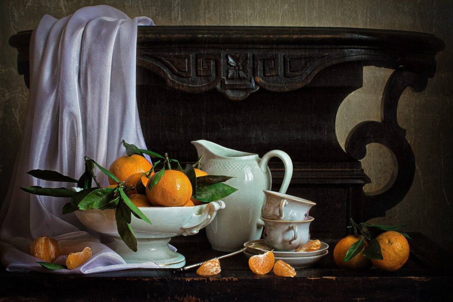 натюрморт, фарфор, кувшин, фрукты, мандарины, Анна Петина