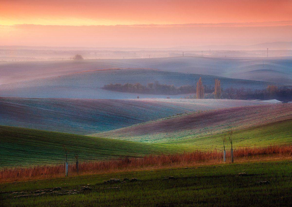моравия, рассвет, холмы, поля, волны, осень, Cтанислав Малых