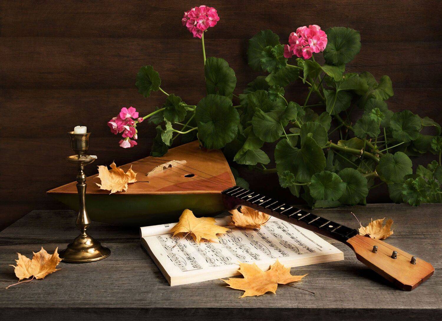 Балалайка, свеча, подсвечник, ноты, кленовые листья, герань, Вера Лопатина