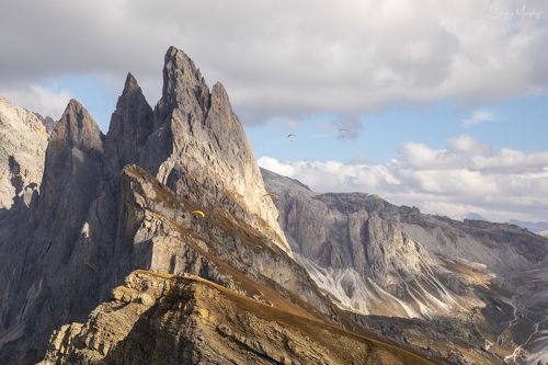 Seceda & paragliders. Dolomites.