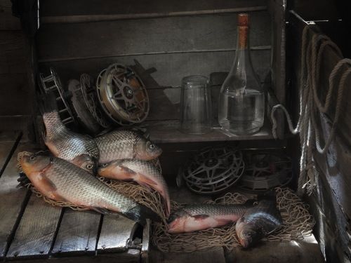 В рыбацкой каморке.