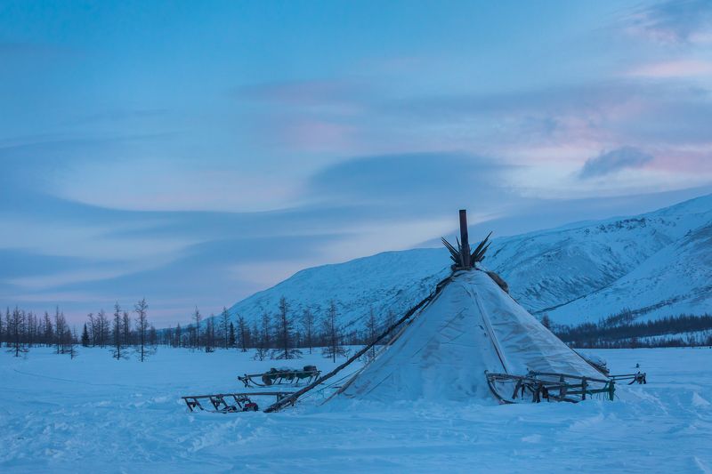 ямал, полярный, снег, закат, чум, оленеводы Закат на Ямале фото превью