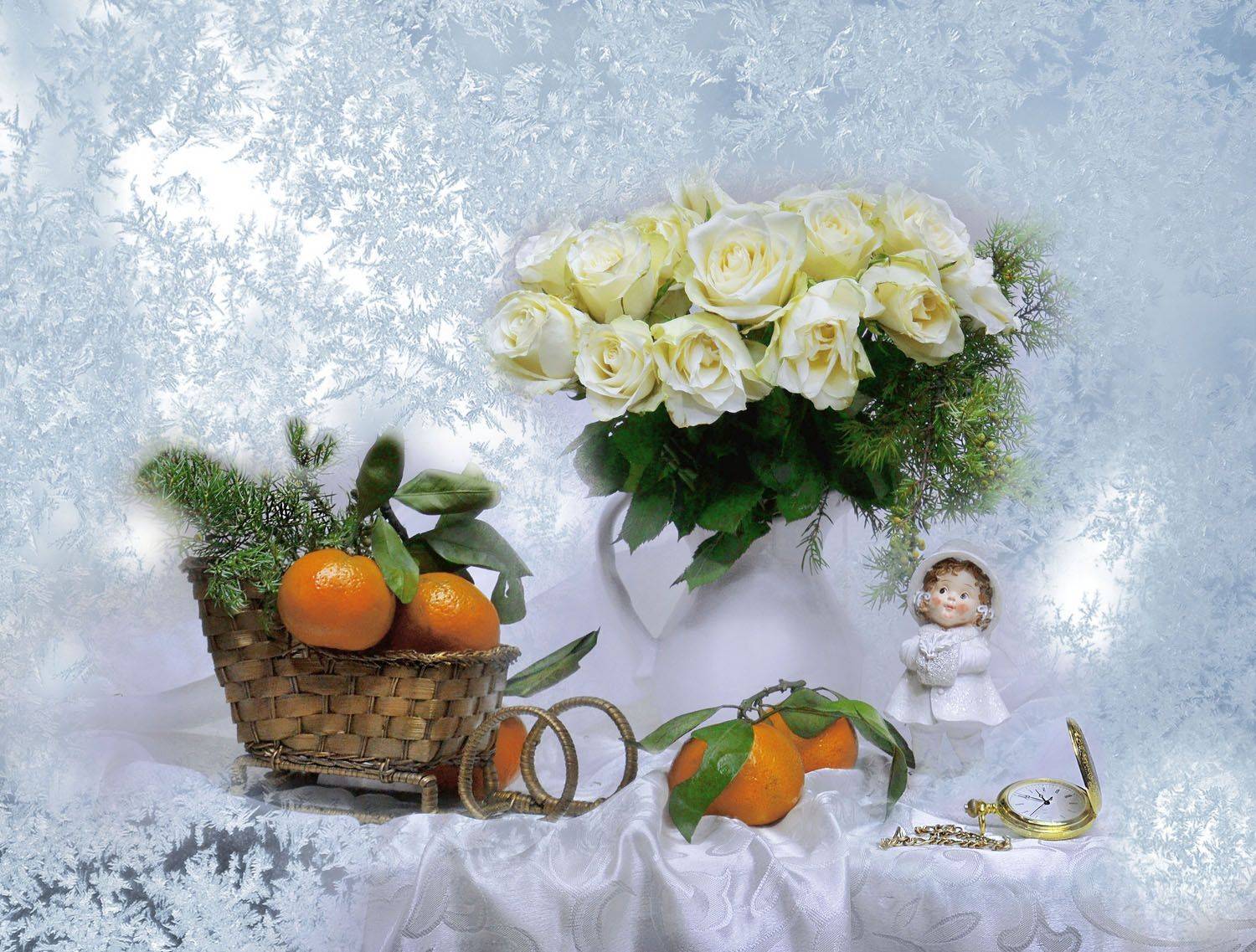 still life,натюрморт,цветы, розы,мандарины, часы,  статуэтка, фапфор, изморозь на стекле,сани, предвкушение, настроение, зима, декабрь, Колова Валентина