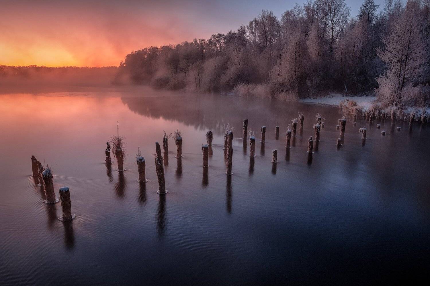шатура, пейзаж, озера, сваи, вода, рассвет, зарево, туман, лед, снег, декабрь, Андрей Чиж