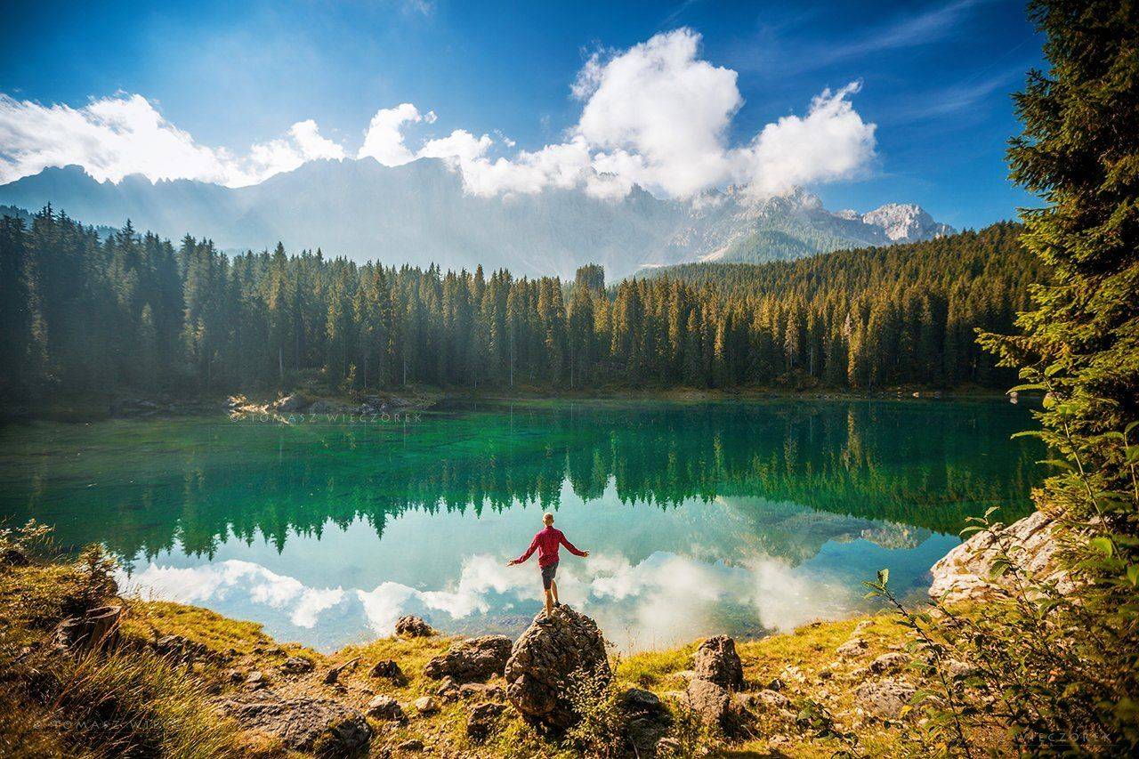 dolomites, dolomiti, italy, italia, amore, lago, alps, landscape, light, rocks, mountains, shadows, beautiful, trees, reflection, carezza, Tomasz Wieczorek