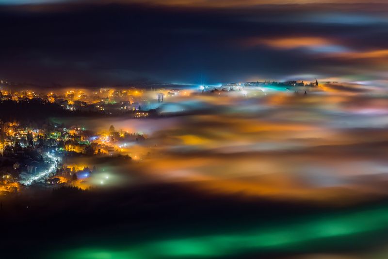 fog, foggy, city, lights, nights, landscape Foggy Sofia фото превью