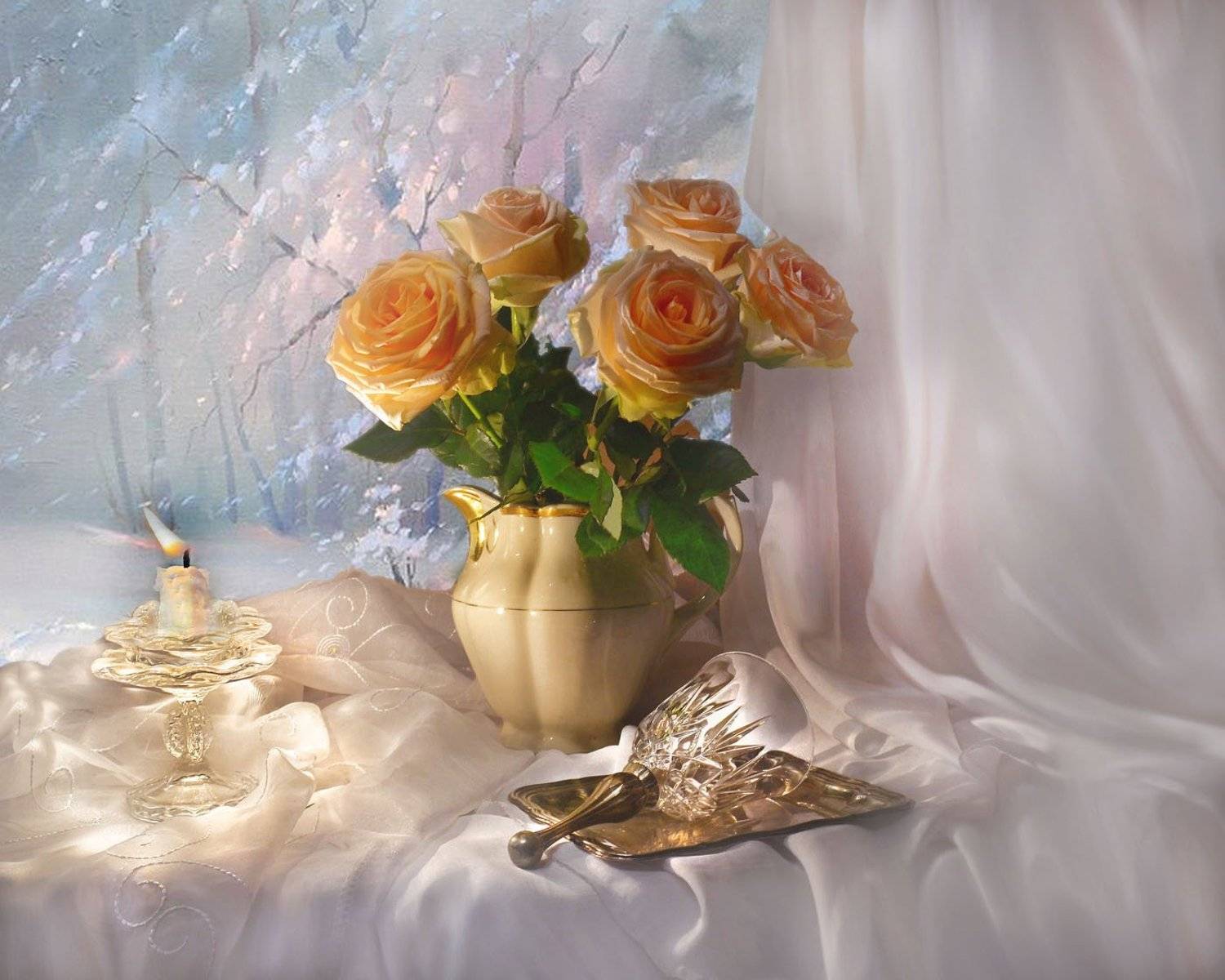 still life,натюрморт,фото натюрморт, зима, декабрь, розы, цветы,колокольчик,подсвечник, свеча, Колова Валентина