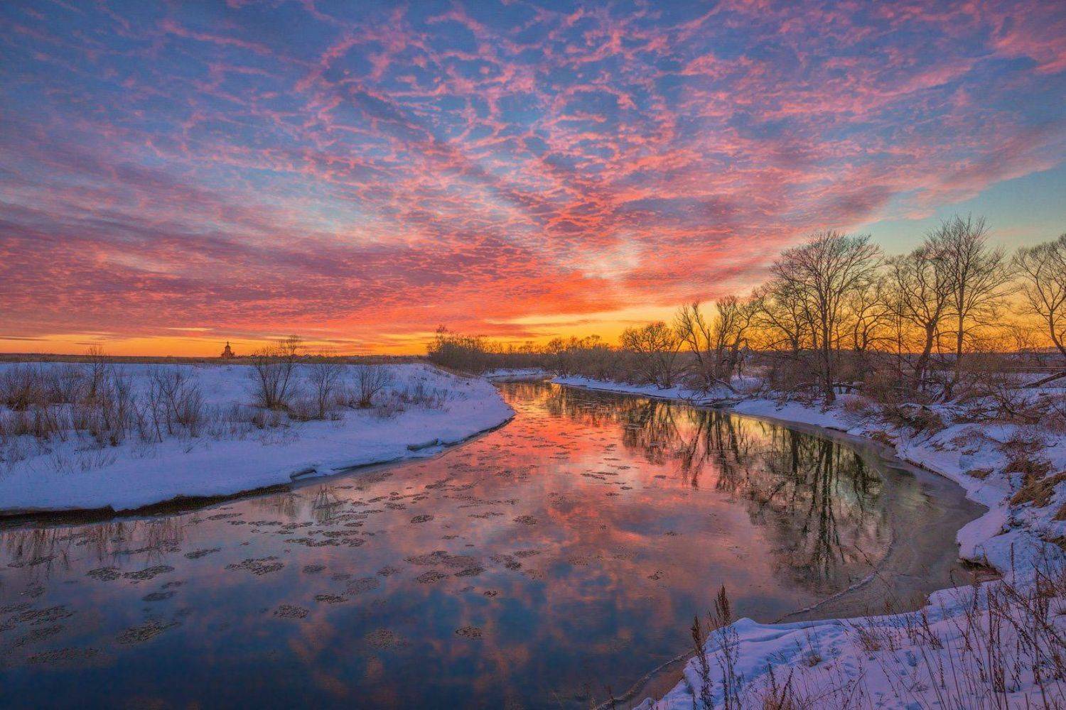 зима, река, вечер, закат, Виктор Климкин