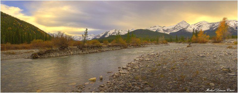 river, rocky, mountains, fall, sunset, snow Autumn.Last smears. фото превью
