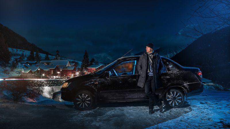 снег,ночь,вспышки,коллаж Lada Granta фото превью