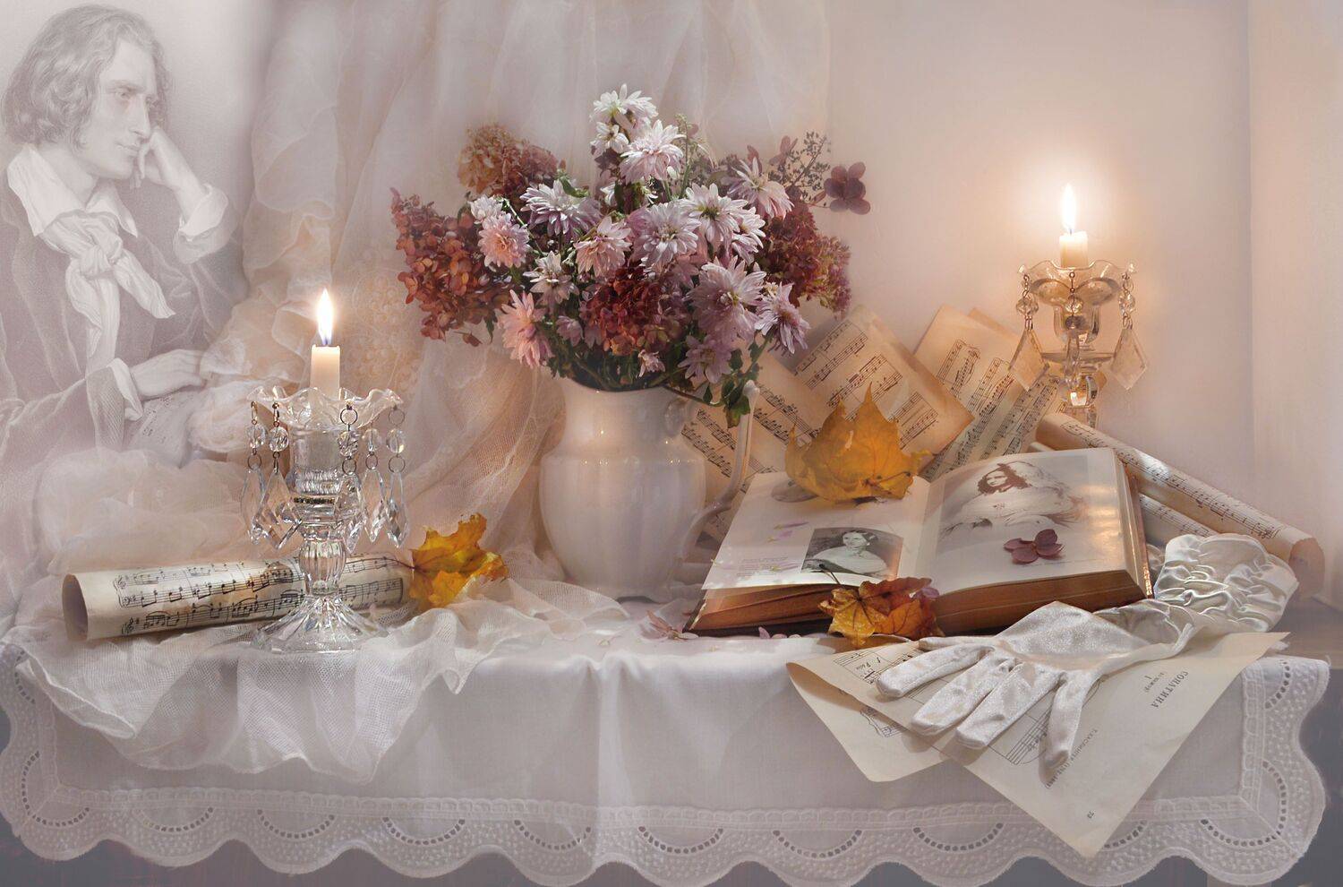 still life,натюрморт,, цветы,фото натюрморт,декабрь, зима, ференц лист, композитор, свечи, подсвечники, ноты, книга, стихи, перчатки, листья, хризантемы, Колова Валентина