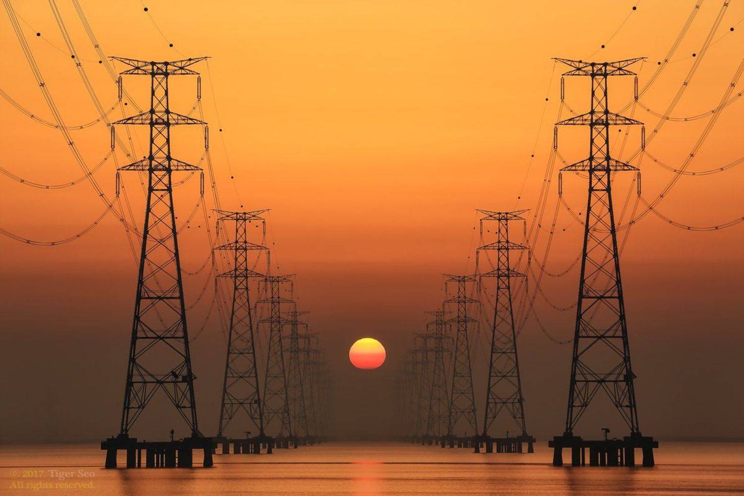 tower sunrise seaside power line morning landscape canon Korea, Seo Tiger
