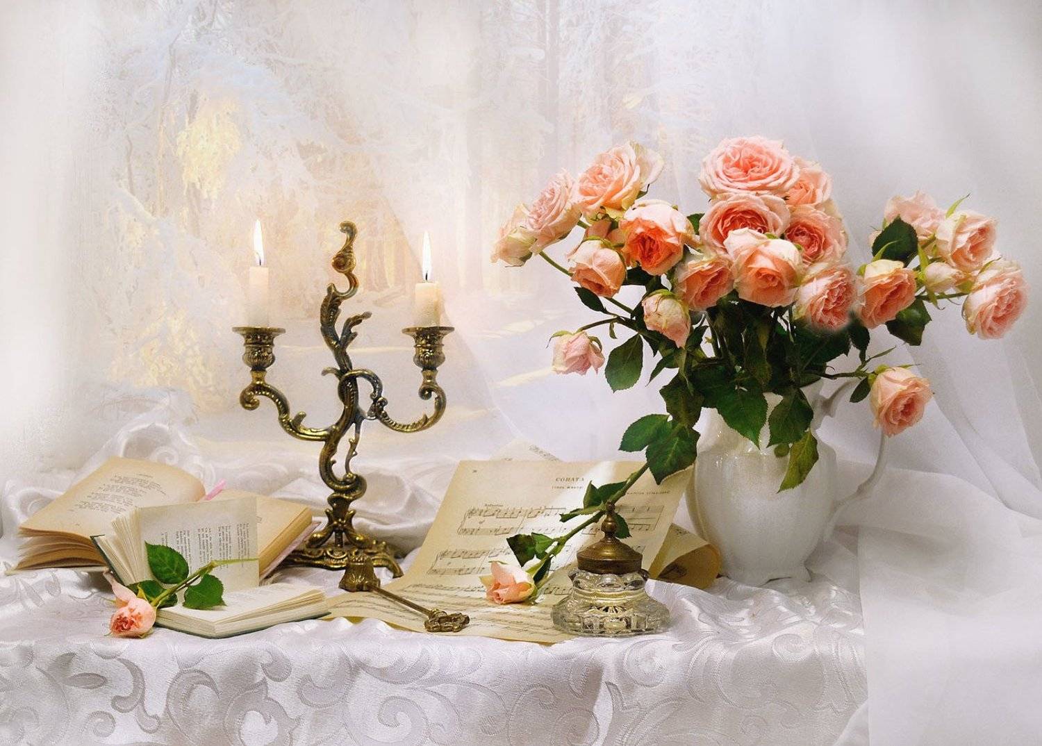 still life,натюрморт,фото натюрморт, зима, декабрь, розы, цветы,подсвечник, свечи, книги, стихи, Колова Валентина