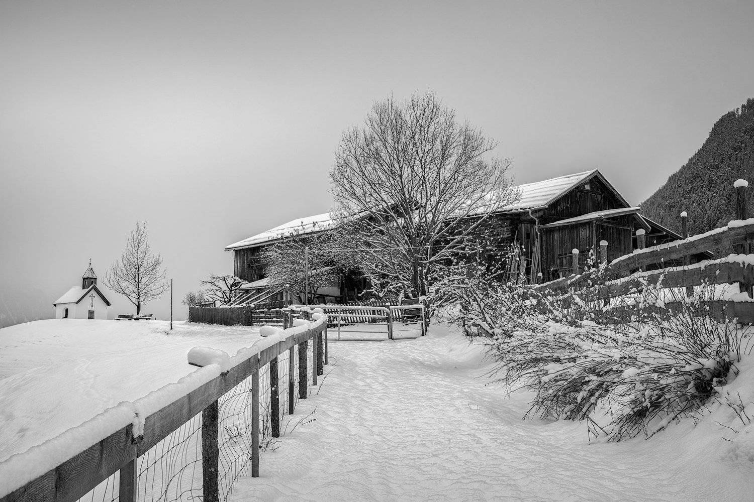 alps, austria, austrian alps, barn, bench, brand, brandalm, bushes, chantry, chapel, cloudy, farm, farmhouse, farmstead, fence, fog, foggy, footsteps, forest, landscape, ludwig rilml  photography, l&auml;ngenfeld, mist, misty, newly fallen snow, oratory, path,, Ludwig Riml