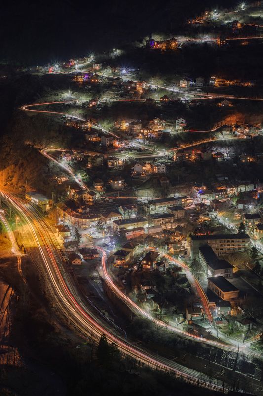 night, light, city, mountain, landscape, train, river  Night lines фото превью