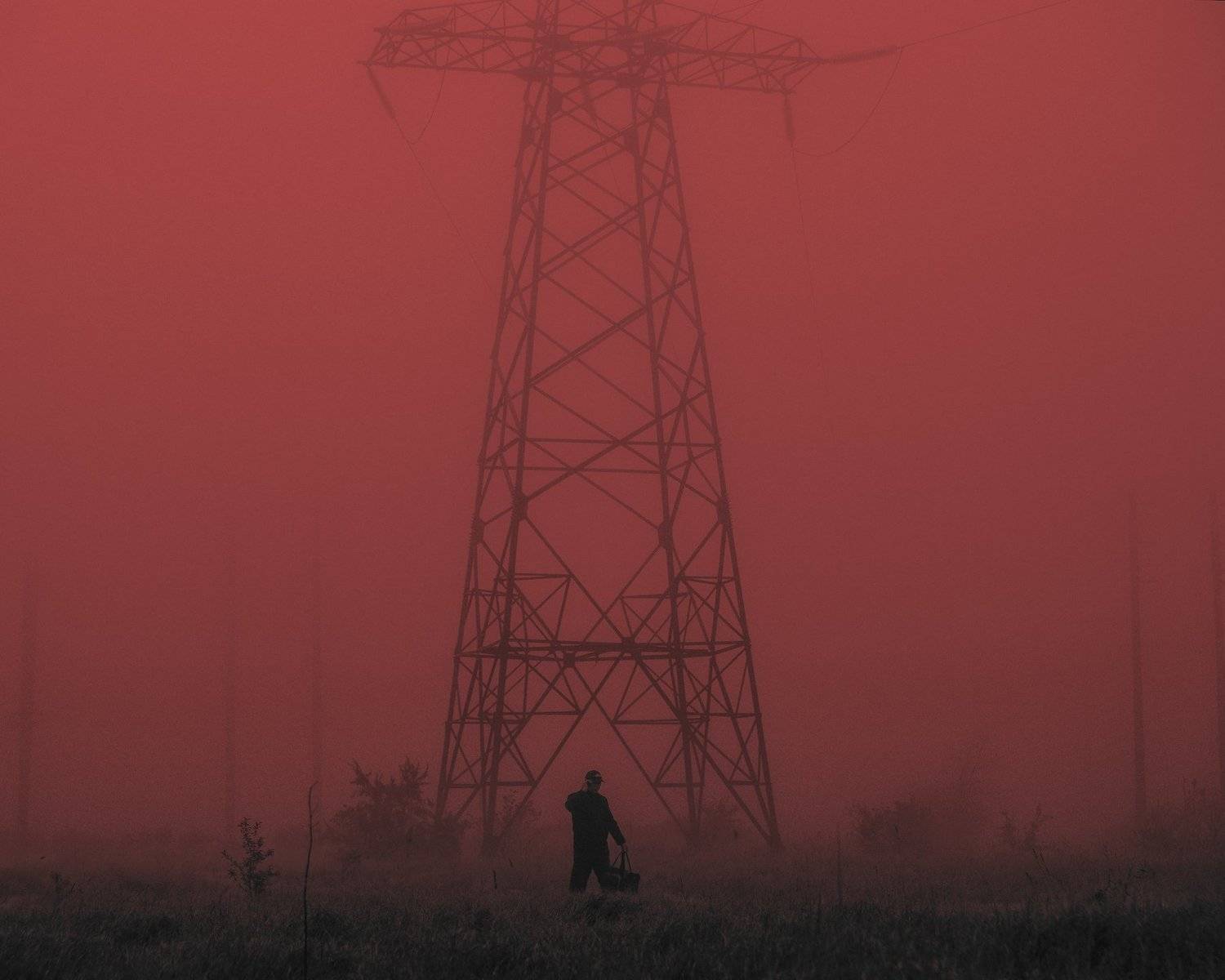 вышка, туман, человек, связь, мобильная сеть, красный, Игорь Крюков