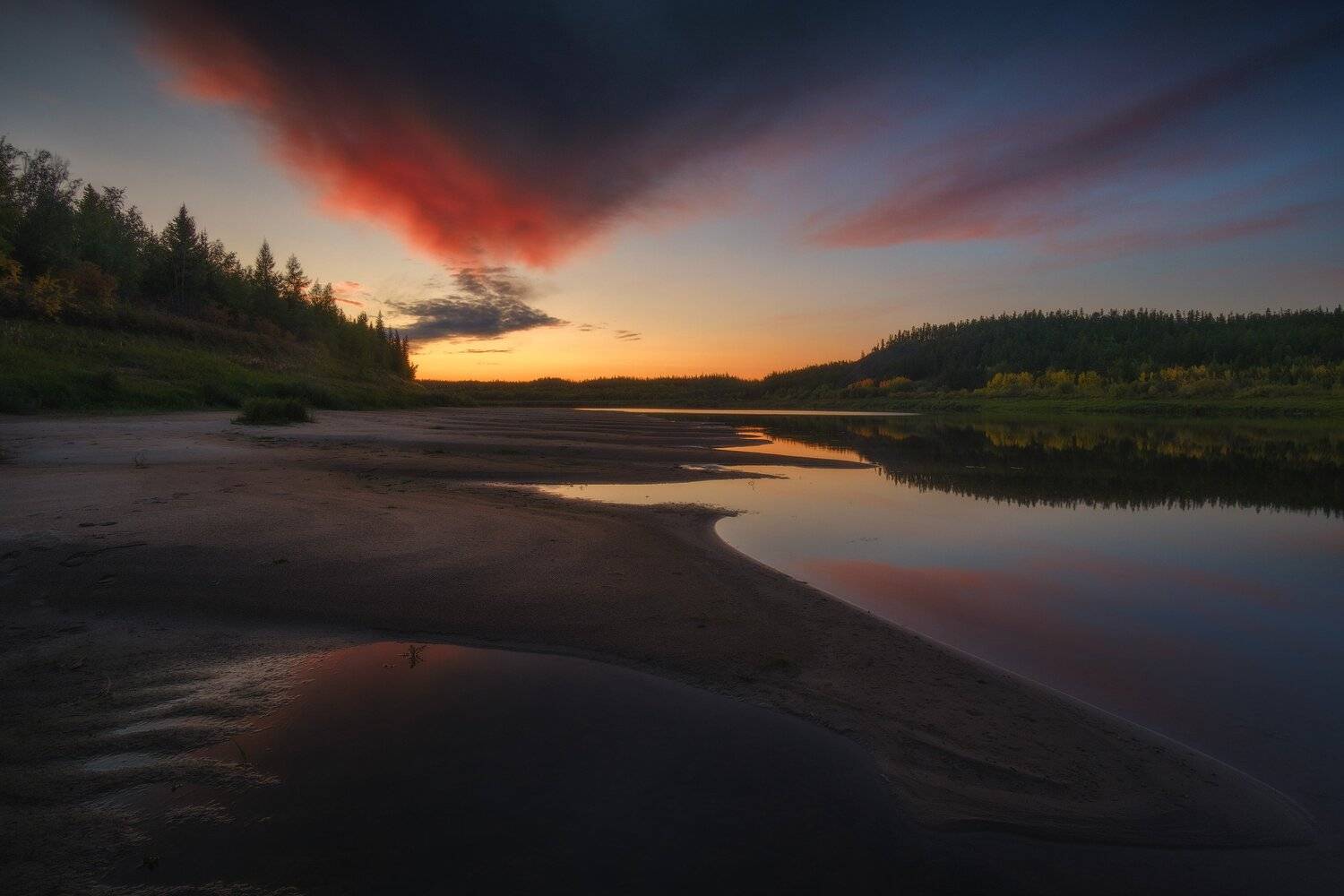 россия, иркутская область, ербогачен, нижняя тунгуска, сибирь, тайга, река, лес, отражение, закат, осень, Оборотов Алексей