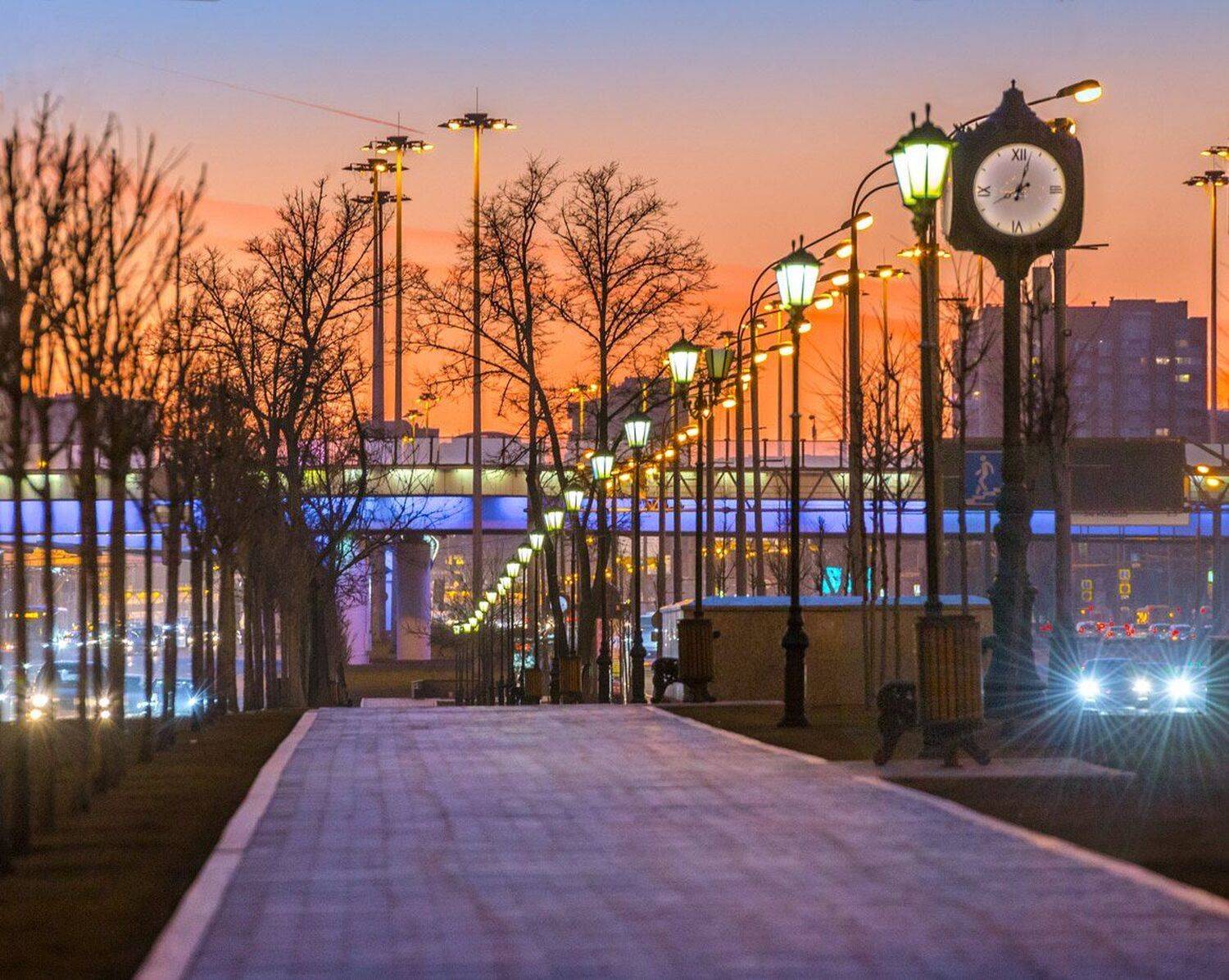 вечер, дорога, фонари, часы, москва, Виктор Климкин