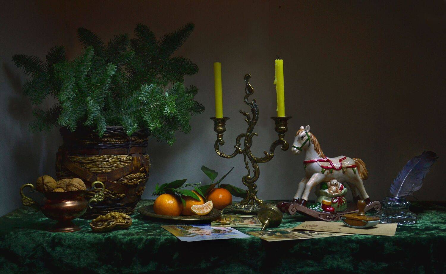 still life,натюрморт,чернильница, фото натюрморт, свечи, подсвечник, перо, открытки, мандарины, зима, ёлка, декабрь, Колова Валентина