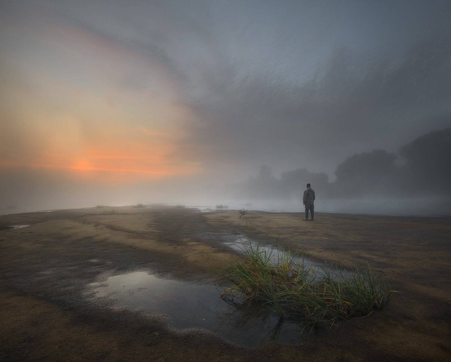 пейзаж утро река человек, Морозов Юрий