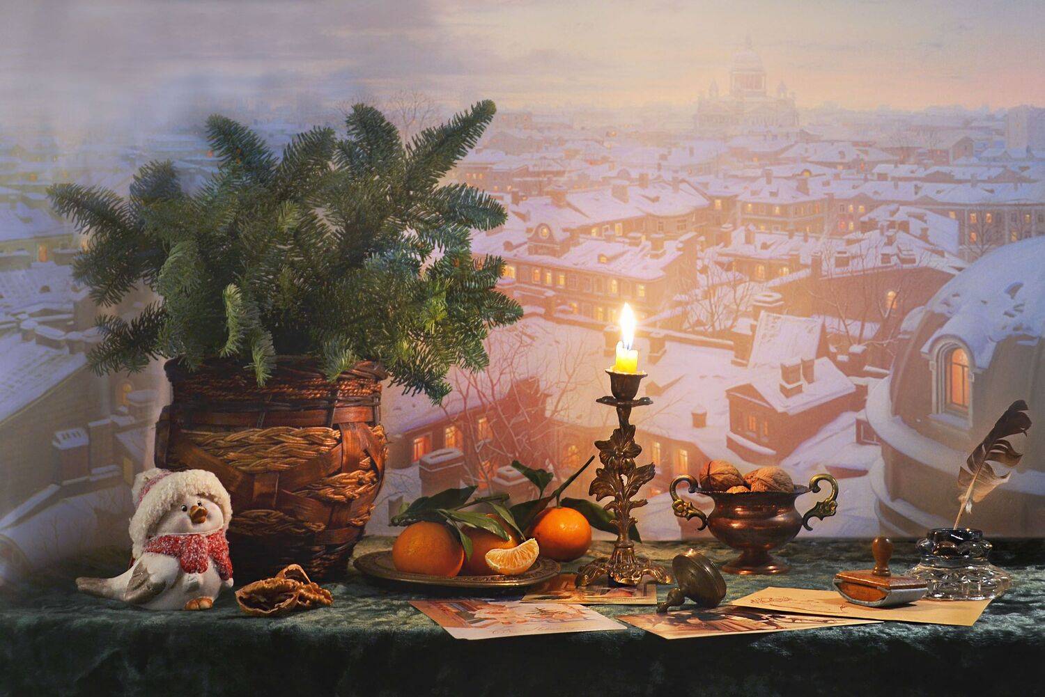 still life,натюрморт,фото натюрморт, зима, декабрь, санкт - петербург, свеча, подсвечник, открытки, мандарины, орехи, ёлка, настроение, новый год, Колова Валентина