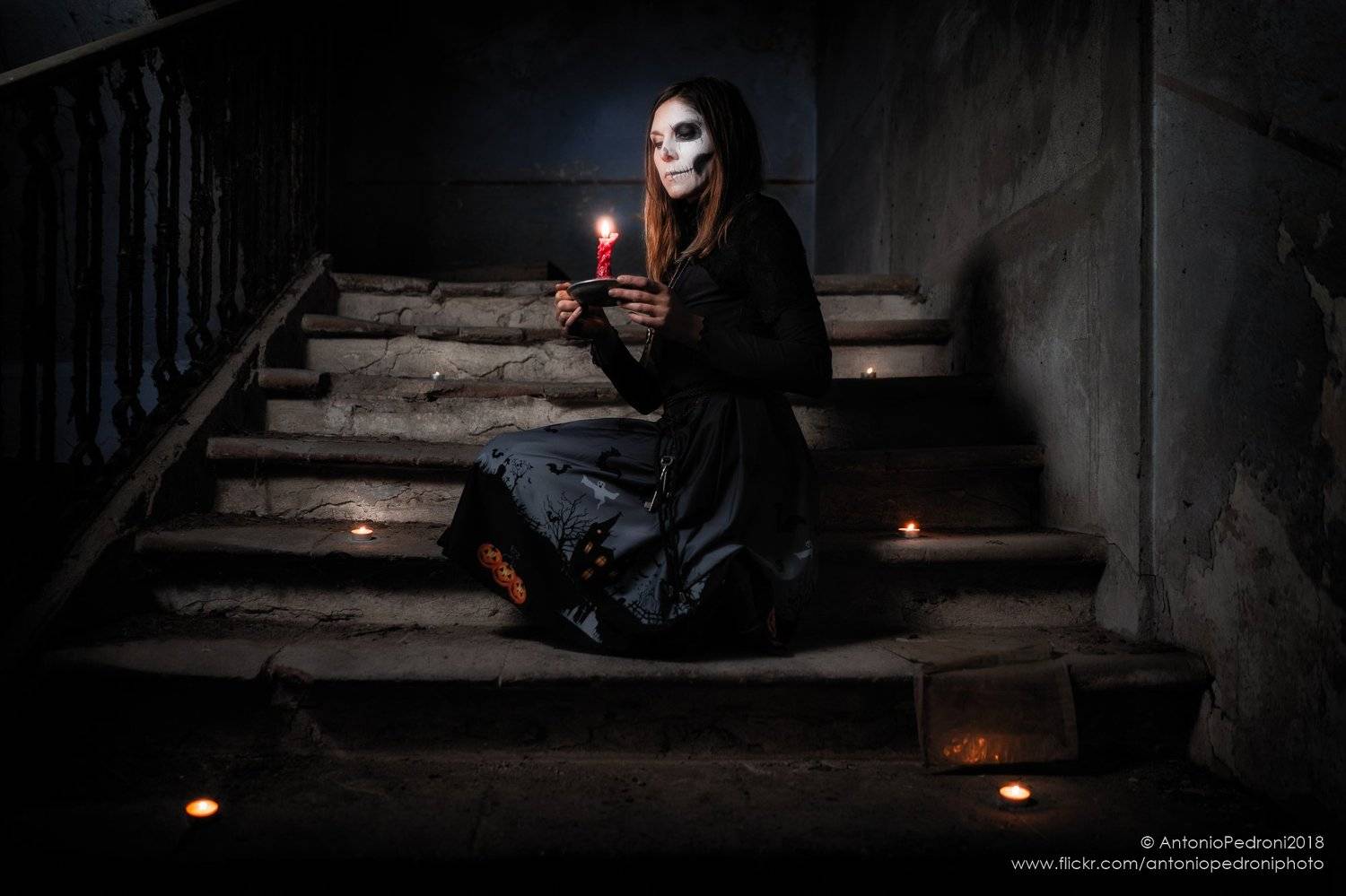 candles, model, modella, urbex, portrait, halloween, stairway, house, abandoned, Antonio Pedroni