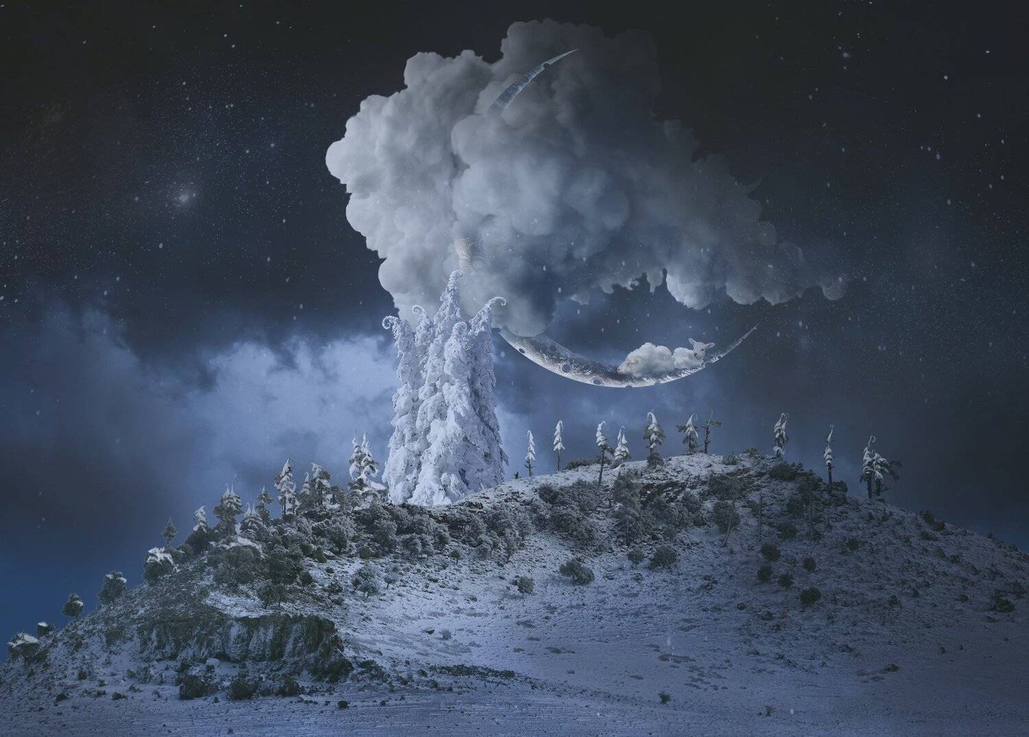 зима, ночь, звезды, месяц, небо, облака, горы, овечки, Sergii Vidov