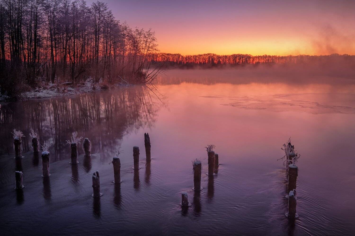 шатура, пейзаж, сваи, мост, озеро, белое, вода, рассвет, зарево, туман, лед, снег, декабрь, Андрей Чиж