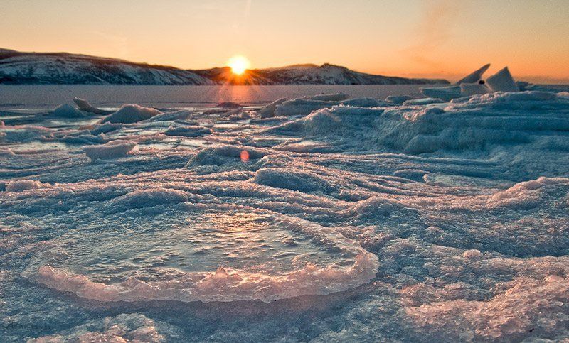 магадан, бухта нагаева, вечер, пейзаж, закат, лед, море, сопки, охотское море, Закатная фото превью