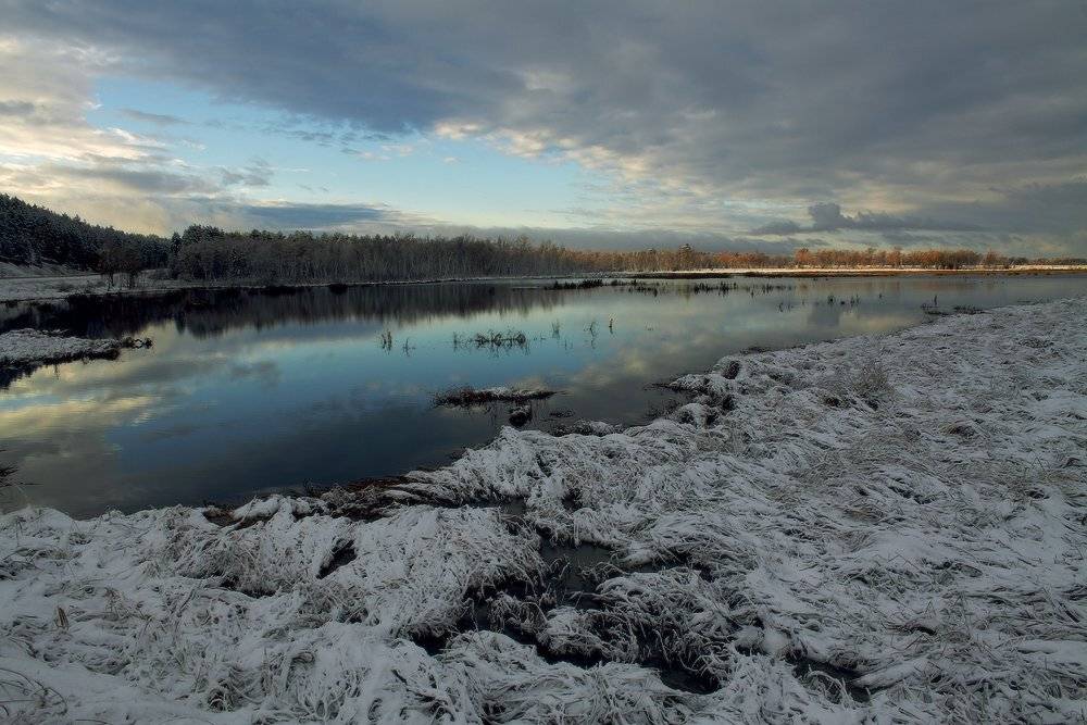 сентябрь, утро, снег, болото, Николай Морский